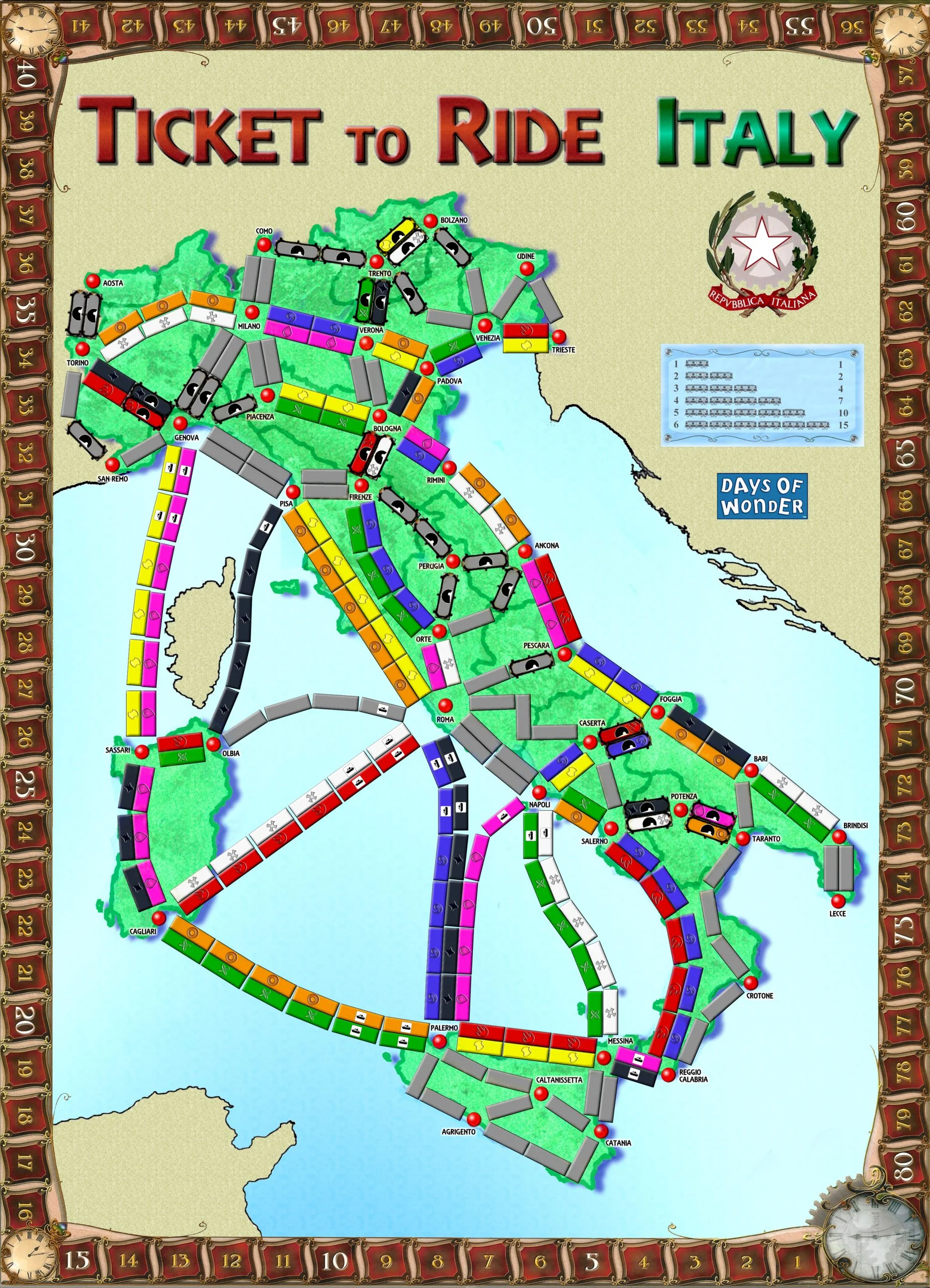 The Ticket to Ride Italy board: Italy, Sardinia and Sicily covered with coloured rail and ferry routes between cities, from Aosta and Trieste to Cagliari and Agrigento, inside a wooden score track numbered 1 to 80